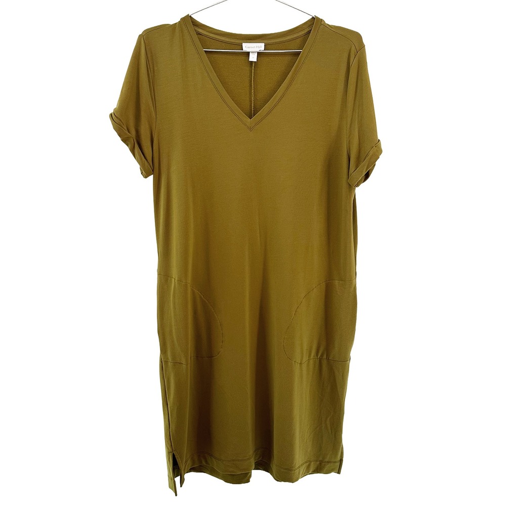 GARNET HILL Minimalist Tencel Shirt Dress • Medium • olive green minimalist boho